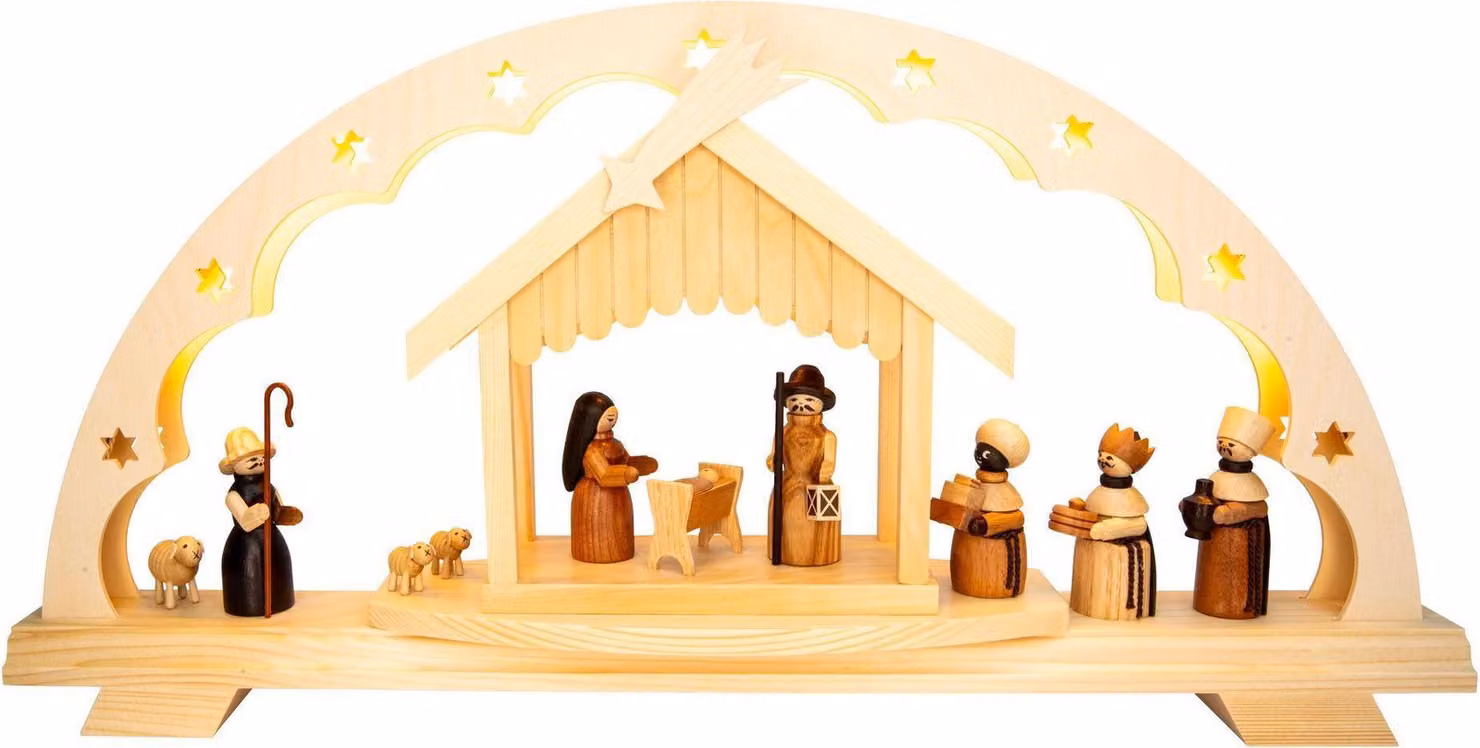 Arco luminoso a LED per la Vigilia di Natale con stalla, figure e illuminazione elettrica LxHxP 51x24x6cm NUOVO