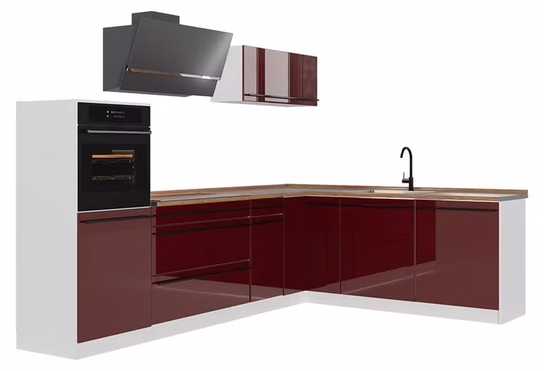 Cucina angolare completa Vicco R-Line Rosso lucido/Bianco 287 x cm piano di lavoro Rovere dorato, Model 66766