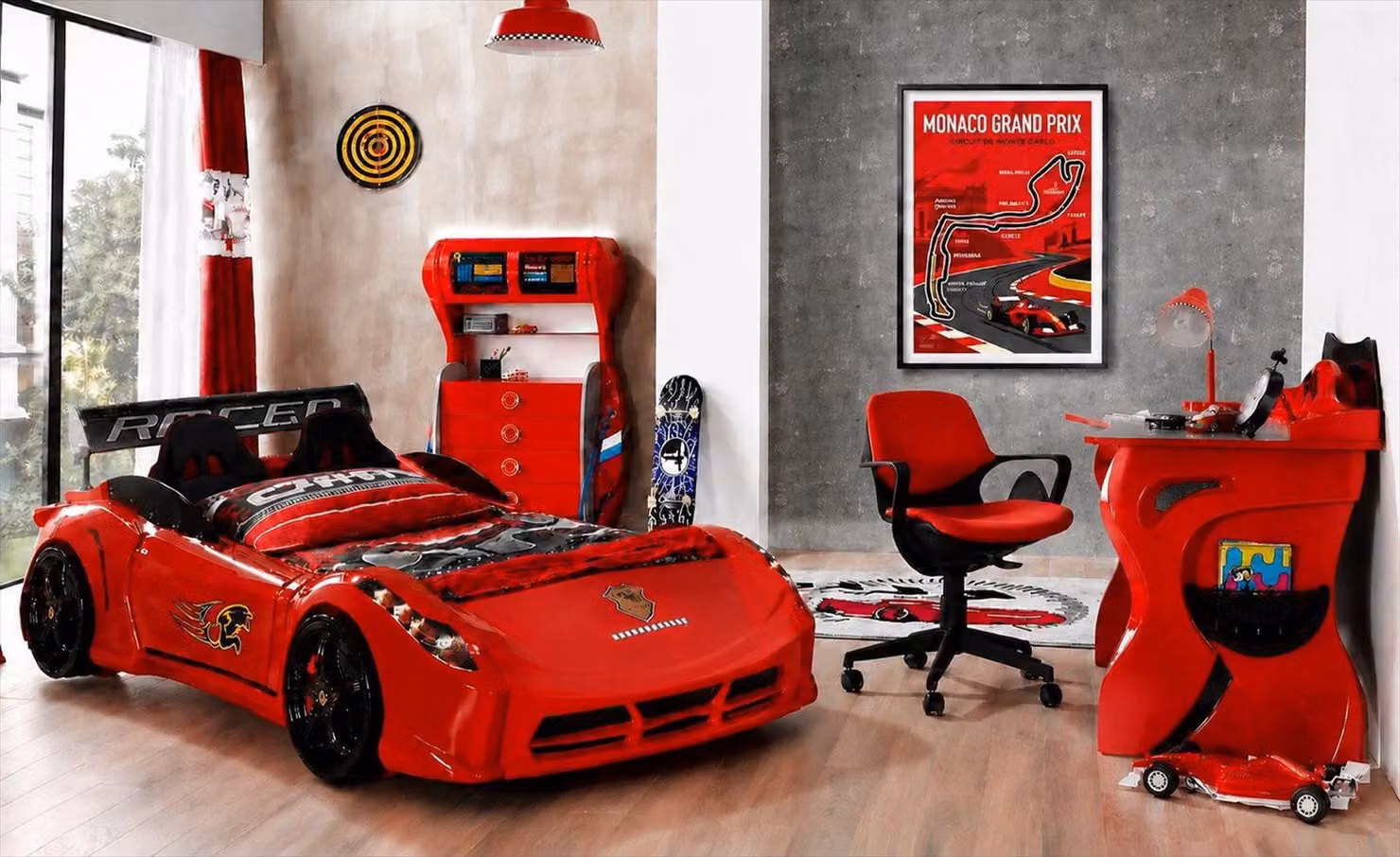Letto per bambini Autobett, colore rosso. Comodino, scrivania