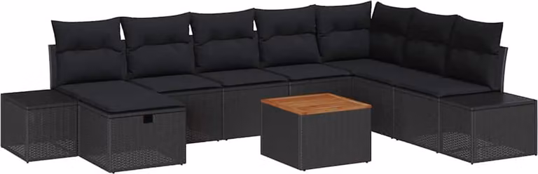 Set Divano da Giardino con cuscino 9 pcs Nero Poly Rattan