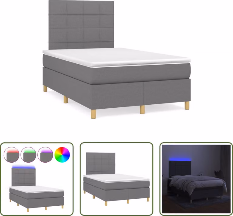 The Living Store Letto a molle con materasso e LED in tessuto grigio scuro 120x190 cm
