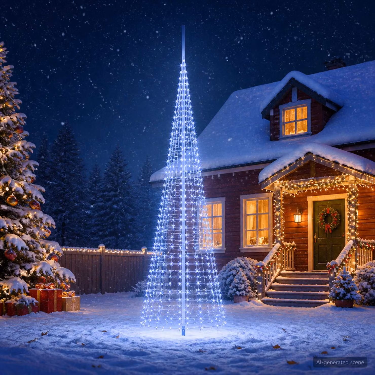 vidaXL Luci LED per Albero di Natale con Asta per Bandiera e Picchetti da Giardino, Colore Argento e Bianco, Luce Bianca Fredda