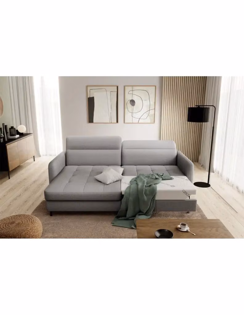Divano ad angolo moderno MEUBLORAMA Grigio con pouf coordinato, funzione letto, poggiatesta regolabile e seduta con contenitore, lato sinistro L/P/H: 228 x 165 x 128 cm – 2