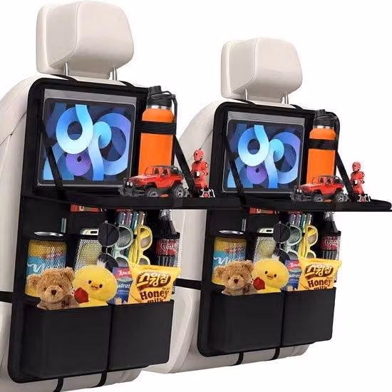 Organizer per il sedile posteriore dell'auto per bambini con tavolino ribaltabile, multifunzionale, impermeabile, nero, 2 pezzi