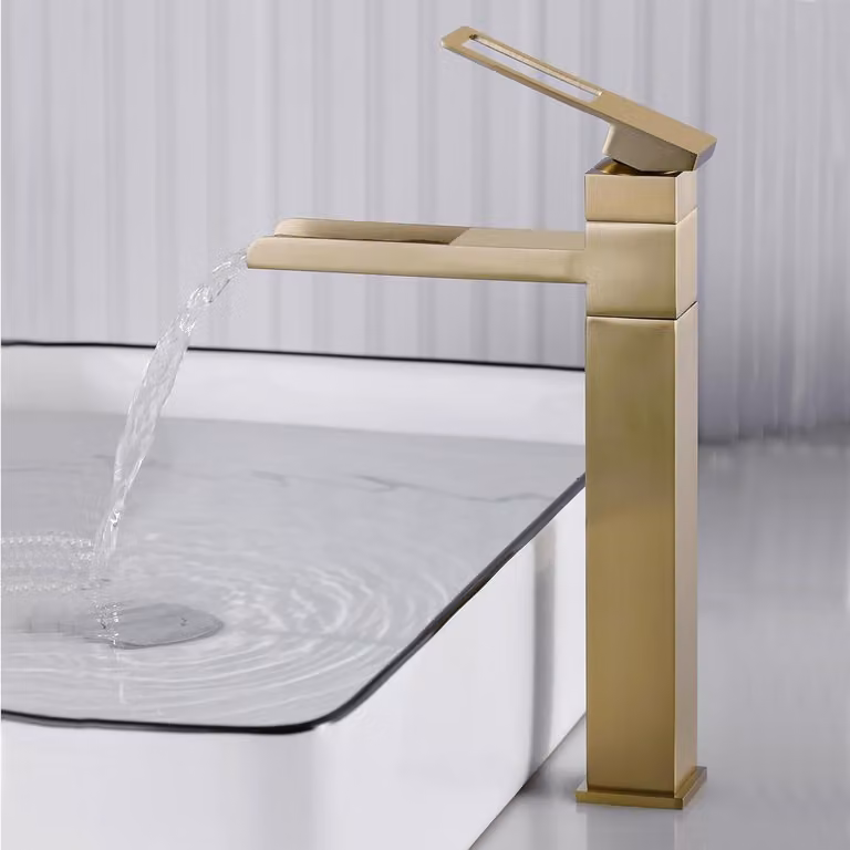 Rubinetto alto per lavabo, miscelatore monocomando, girevole a 360°, finitura dorata spazzolata, per bagno