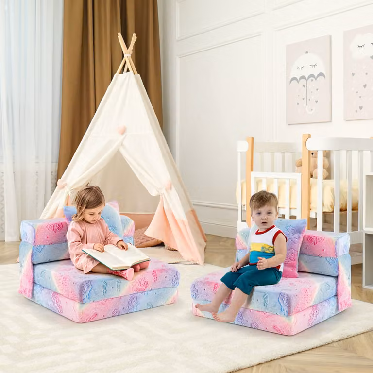 Costway Divano letto pieghevole per bambini con cuscino e copertura lavabile, Materasso da pavimento luminoso al buio Multicolore