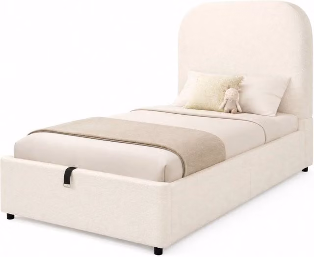 Letto singolo imbottito con vano contenitore idraulico e rete a doghe in bouclé beige