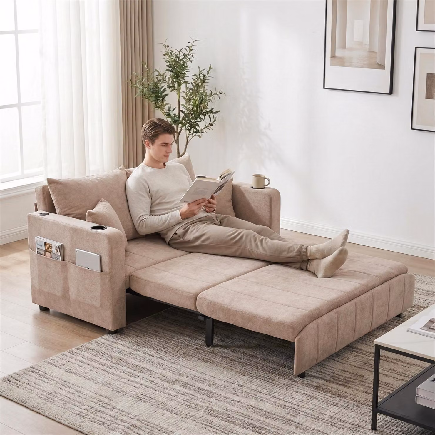 LVHOM divano letto con schienale regolabile in 3 posizioni e USB, divano letto estraibile, 2 posti con portabicchieri Salvaspazio 139x73x83cm, Khaki