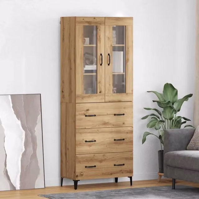 Credenza moderna vidaXL in legno e metallo color rovere con ante in vetro, L: 69,5 cm, P: 34 cm, H: 180 cm