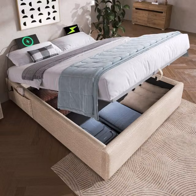 Letto contenitore Mivray in lino beige con porte USB e Type-C L/P/H: 140 x 200 cm
