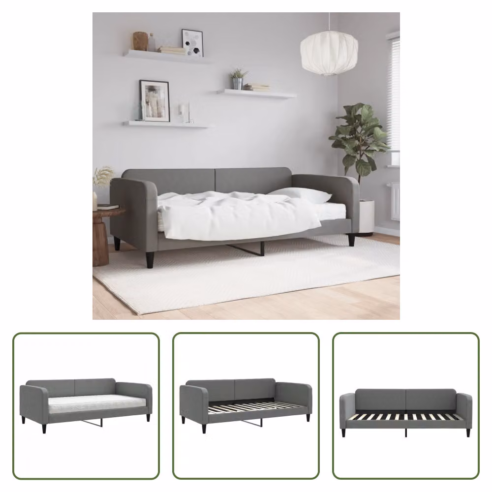 The Living Store Letto da giorno con materasso grigio scuro 100x200 cm in tessuto