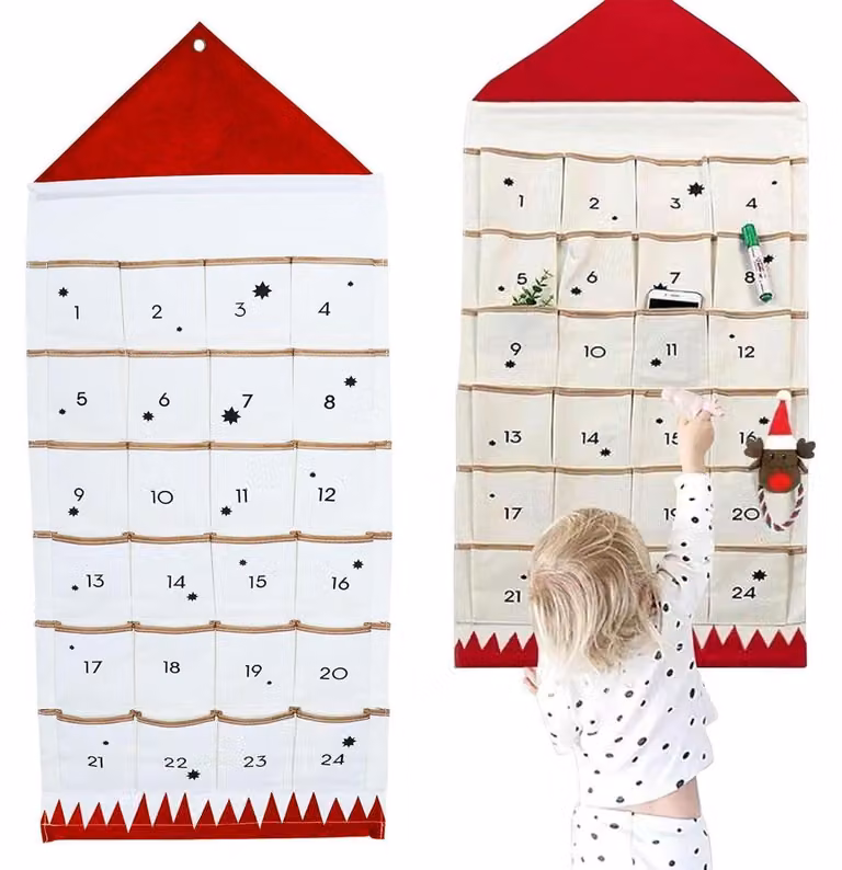 Calendario dell'Avvento in tessuto, 50x120 cm, 24 tasche, arazzo, colore rosso