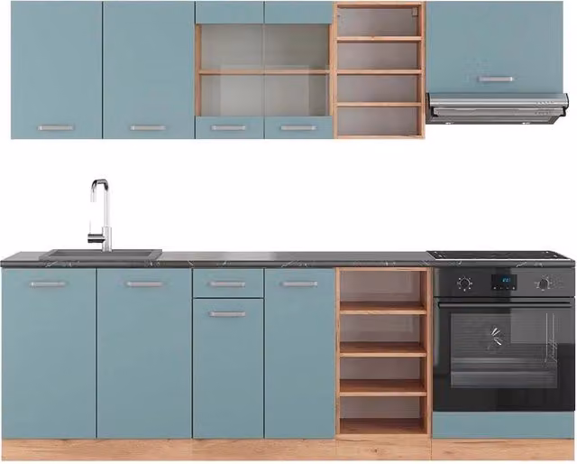 Cucina componibile moderna Vicco R-Line Grigio-blu e Rovere dorato con top Antracite L: 240 cm