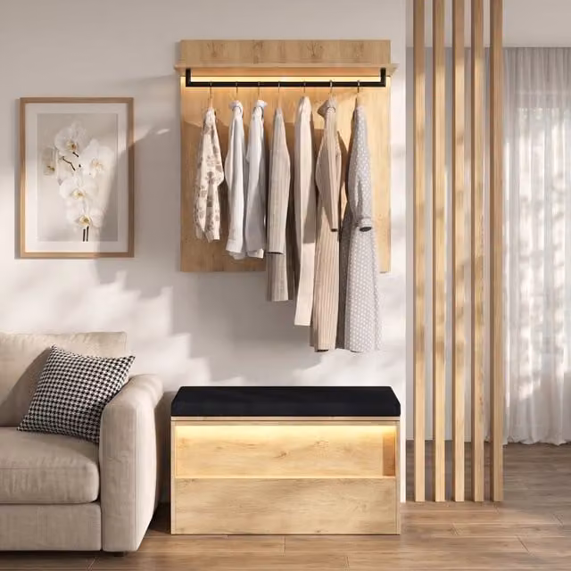 Mobili da ingresso con appendiabiti da parete e panca scarpiera LED con cuscino in MDF rovere 90 × 47 × 145 cm
