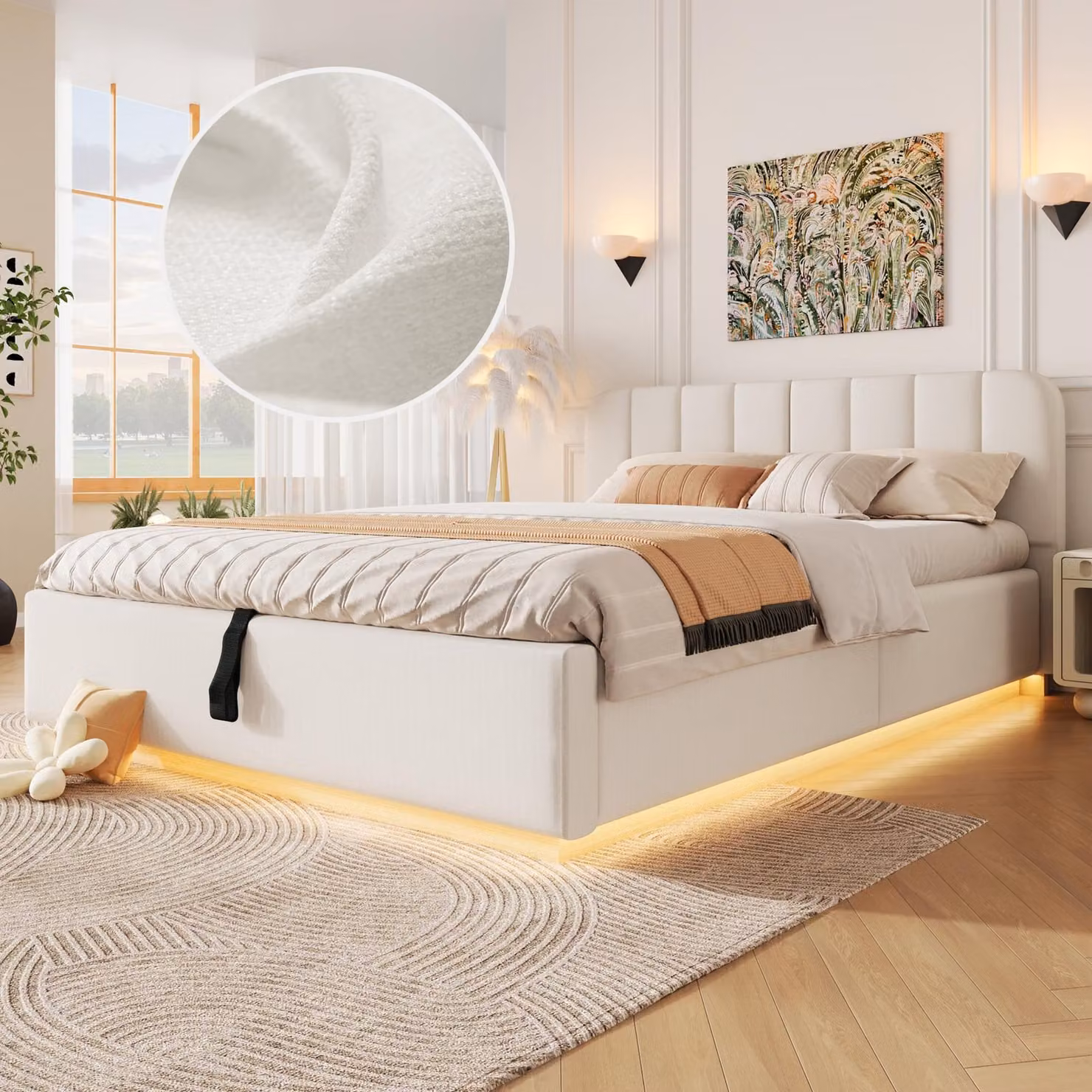 Letto imbottito 140 x 200 cm con contenitore a sollevamento idraulico, illuminazione a LED, testiera imbottita e rete a doghe, rivestito in tessuto tipo "chenille"