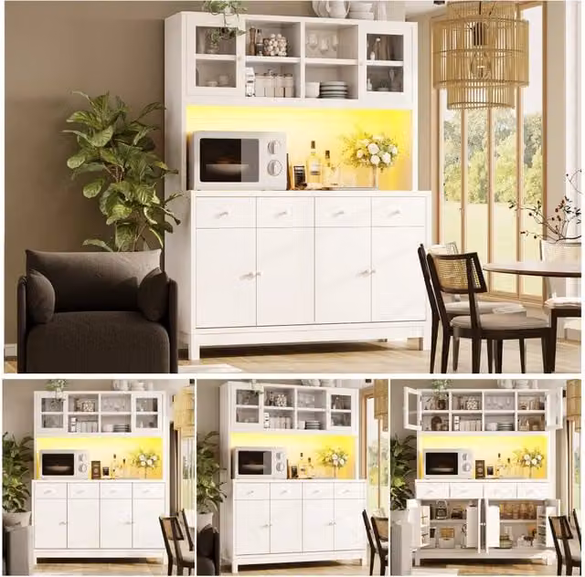 Alta credenza 140x38,5x180 cm, effetto legno naturale, 4 cassetti, ante in vetro, ripiani regolabili, LED RGB app, portata 100 kg