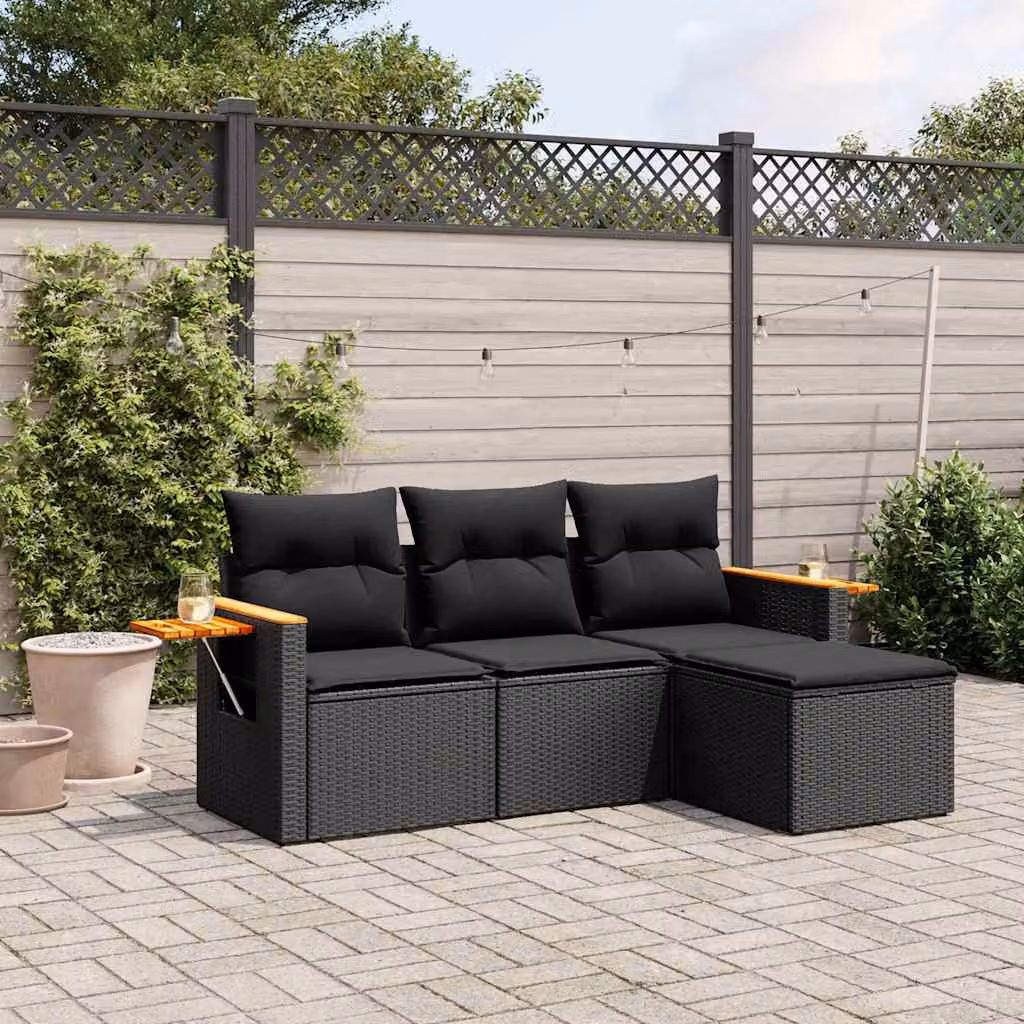 Set di divani da giardino vidaXL in polyrattan nero con cuscini, tavolino e pouf a forma di L per esterno – 1