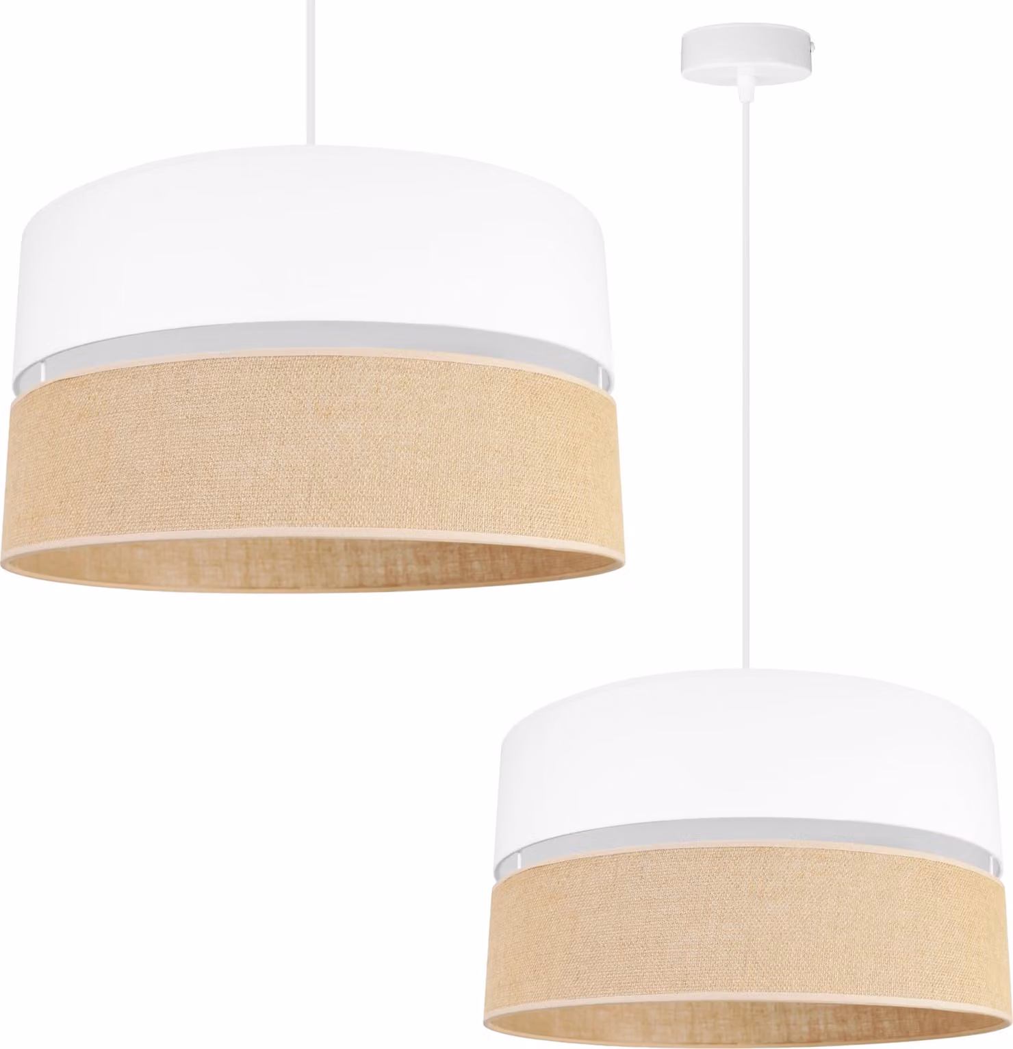 Light-Home Juta lampada a sospensione - Metallo con paralume in tessuto - E27 - Classica a 1 lampadina da 40 cm - Base bianca e iuta e bianco