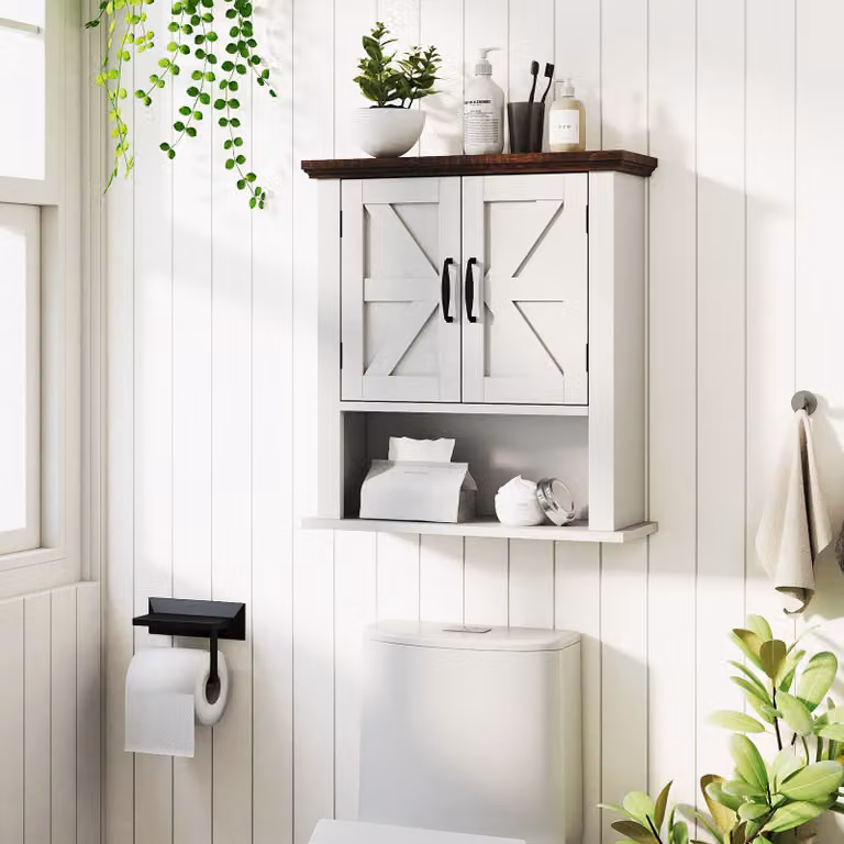Armadietto da parete Costway in stile rustico con ante a battente e ripiano aperto, bianco, ideale per bagno, cucina, soggiorno o ingresso