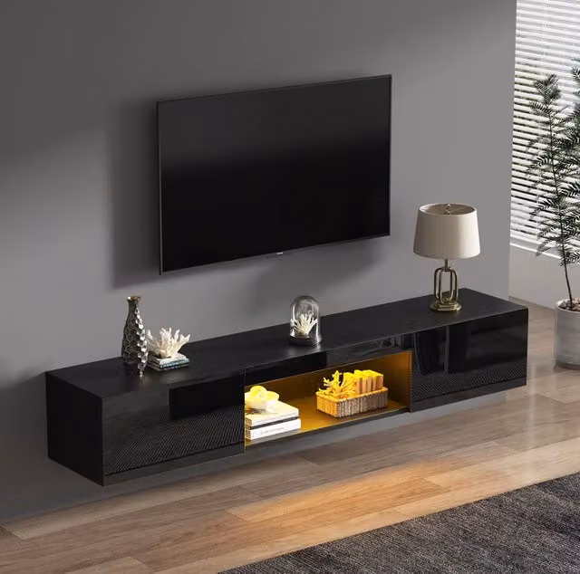 Mobile TV sospeso ULEVR 160x31x22 cm con LED Bluetooth, 2 ante e vani aperti, nero lucido, per TV fino a 70 pollici
