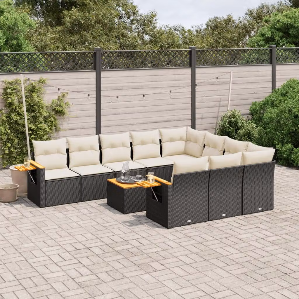 vidaXL Set Divani da Giardino 11 pz in Polyrattan Nero con Cuscini e Tavolino da Esterno – 1