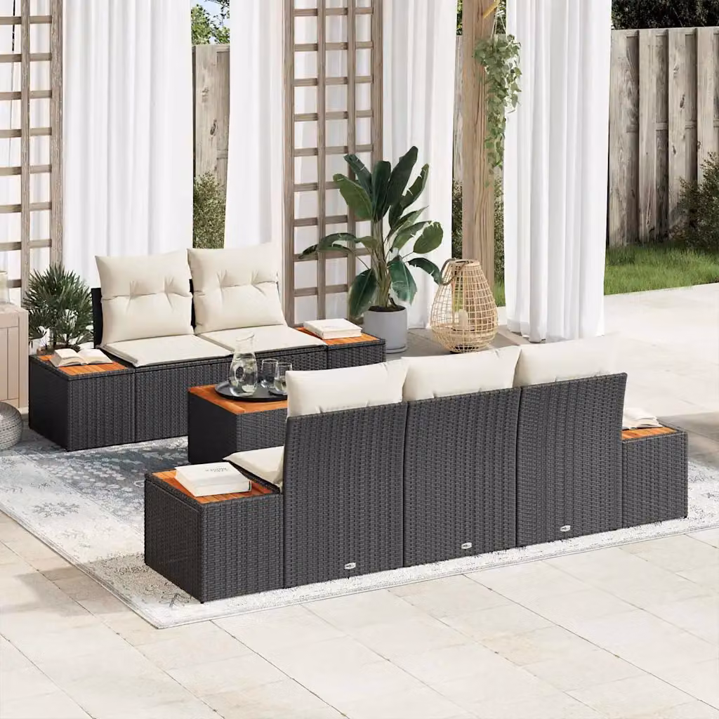 Set Divano da Giardino vidaXL 6 Pezzi Moderno a Forma di L in Rattan Nero con Cuscini e Tavolino