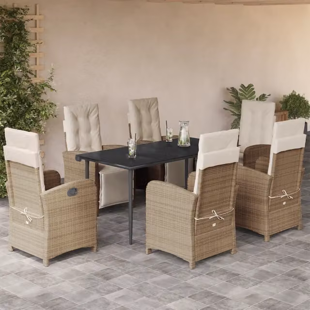 Set da Pranzo da Giardino VIDAXL in Polyrattan con Cuscini Beige e Tavolo in Vetro, 7 Pezzi – 1
