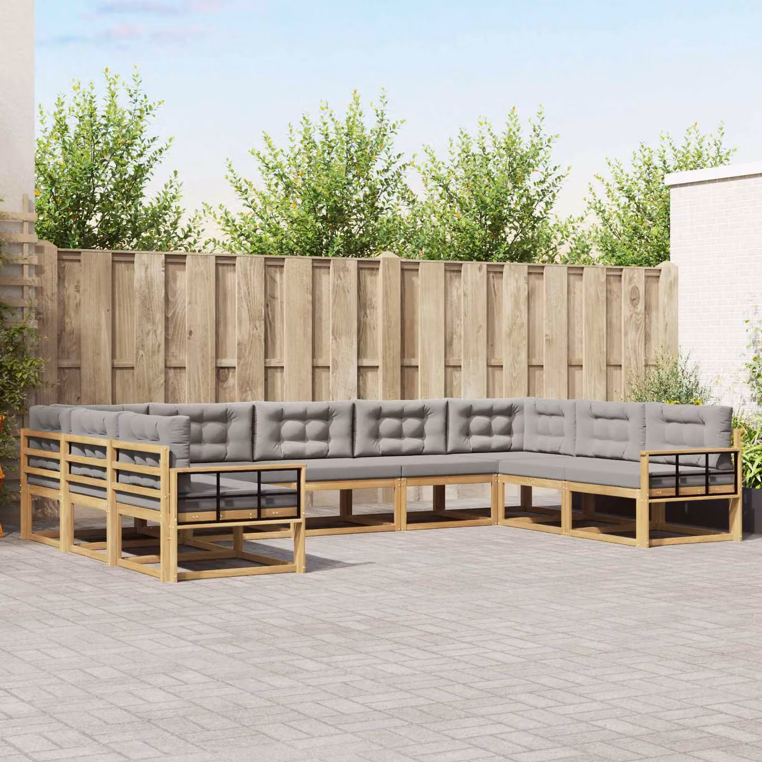 vidaXL Set di divani da esterno a forma di U composto da 9 pezzi in legno di acacia, Bianco e Grigio