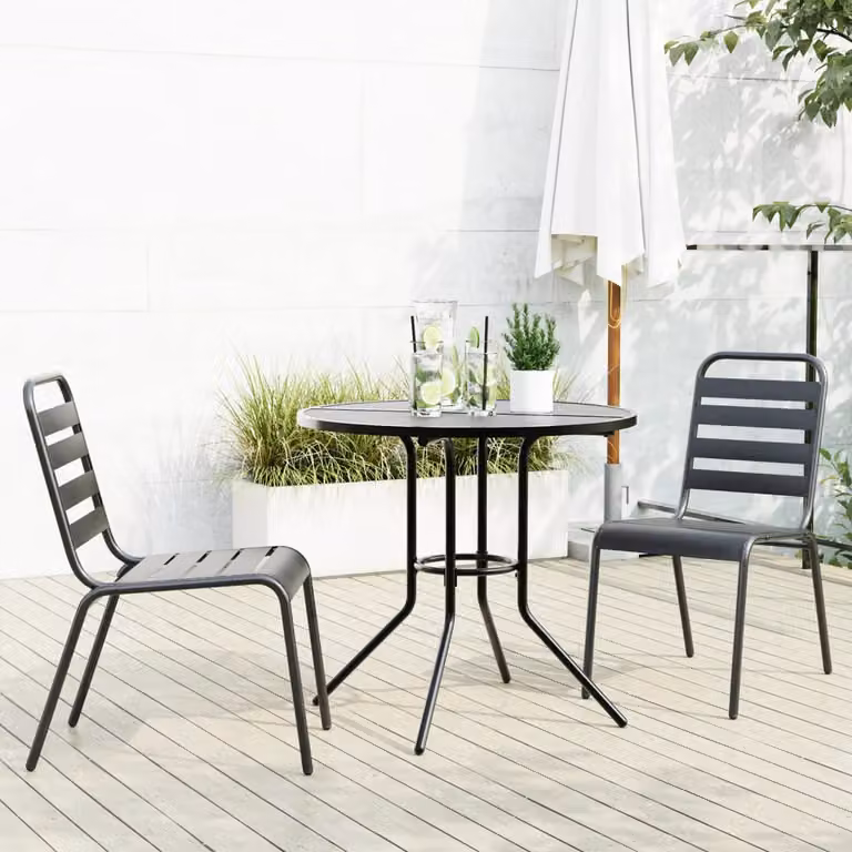 Set di 3 sedie da giardino impilabili vidaXL in acciaio verniciato antracite con design moderno e seduta rotonda