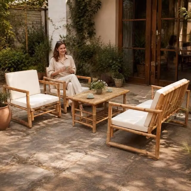 4-piece Garden Lounge Set With Cushions, Bamboo