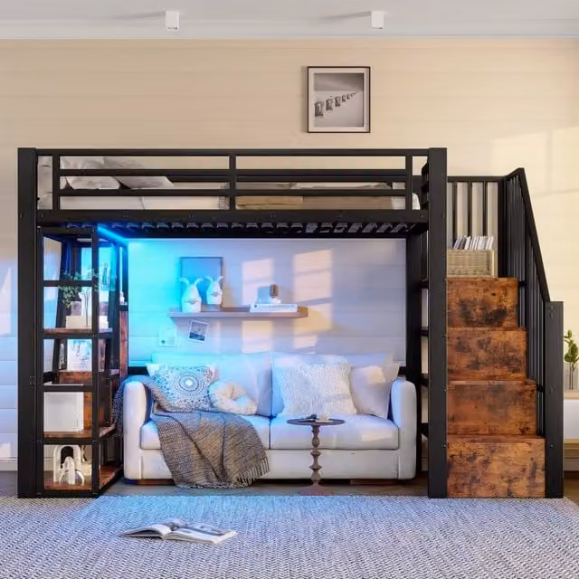 Letto a soppalco singolo MIVRAY nero con ripiani, gradini contenitore e illuminazione LED multicolore in metallo e MDF, L/P: 90 x 200 cm