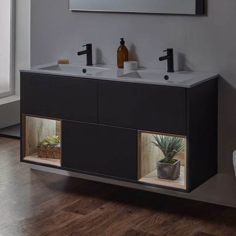Mobile Bagno Sospeso con Ripiano Aperto in Rovere Scuro da 1212mm con Doppio Lavabo Effetto Marmo - Hoxton