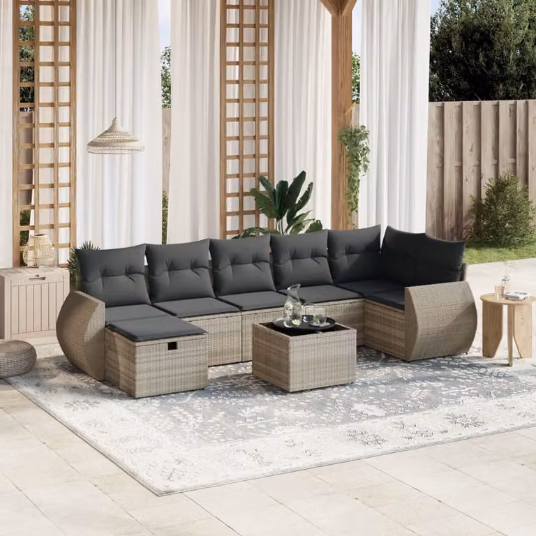 vidaXL Set Divano da Giardino a L con 8 Pezzi, Grigio, con Cuscini e Tavolino in Metallo e Vetro