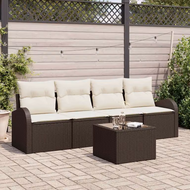 Set Divano da Giardino vidaXL 5 Pezzi con Tavolino da Caffè, Marrone e Beige, Struttura in Acciaio e Cuscini Inclusi