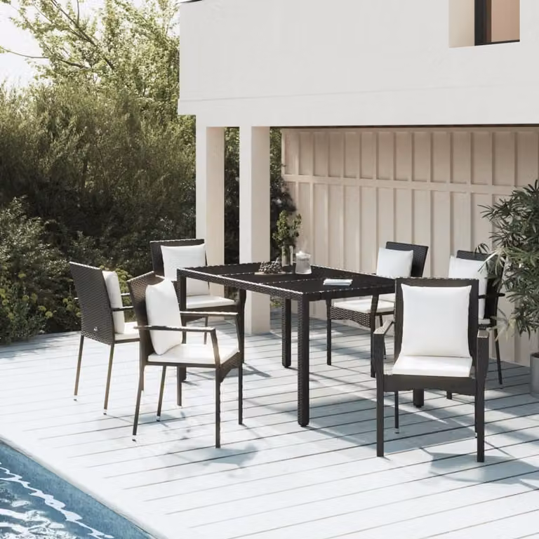 The Living Store Set da pranzo da giardino 7 pezzi con cuscini in polirattan nero