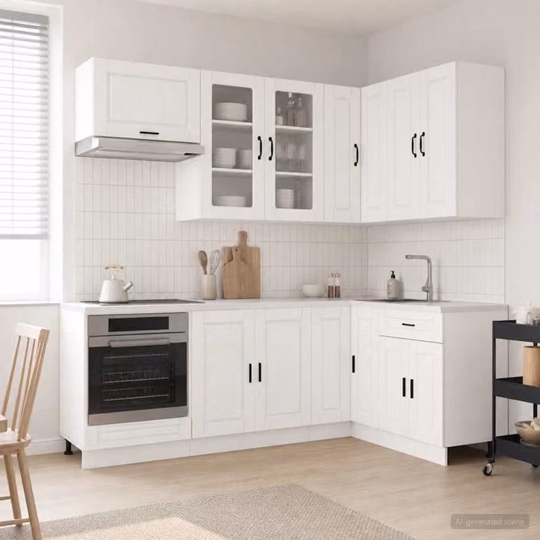 Unità cucina moderna vidaXL PORTO composta da 8 pezzi in bianco lucido con ante in vetro e ripiani aperti in legno ingegnerizzato