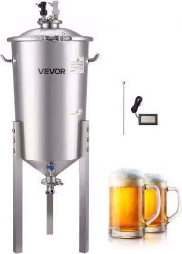 VEVOR Serbatoio di Fermentazione Conico in Acciaio Inox Argento da 30 Litri con Termometro e Coperchio per Produzione di Birra