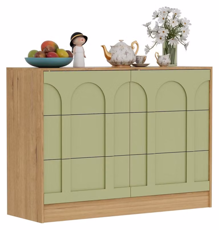 Comodino con 6 cassetti, colore verde, legno, design moderno, dimensioni 100 x 34 x 72 cm