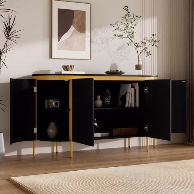 Sideboard ovale forma in MDF con 4 ante, piedi in ferro, colore nero, 140x38x80 cm