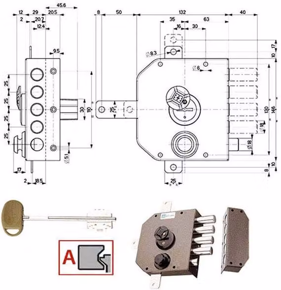 Serratura di sicurezza quintuplice Mottura 20550 con scrocco, sinistra, 63 mm – 2