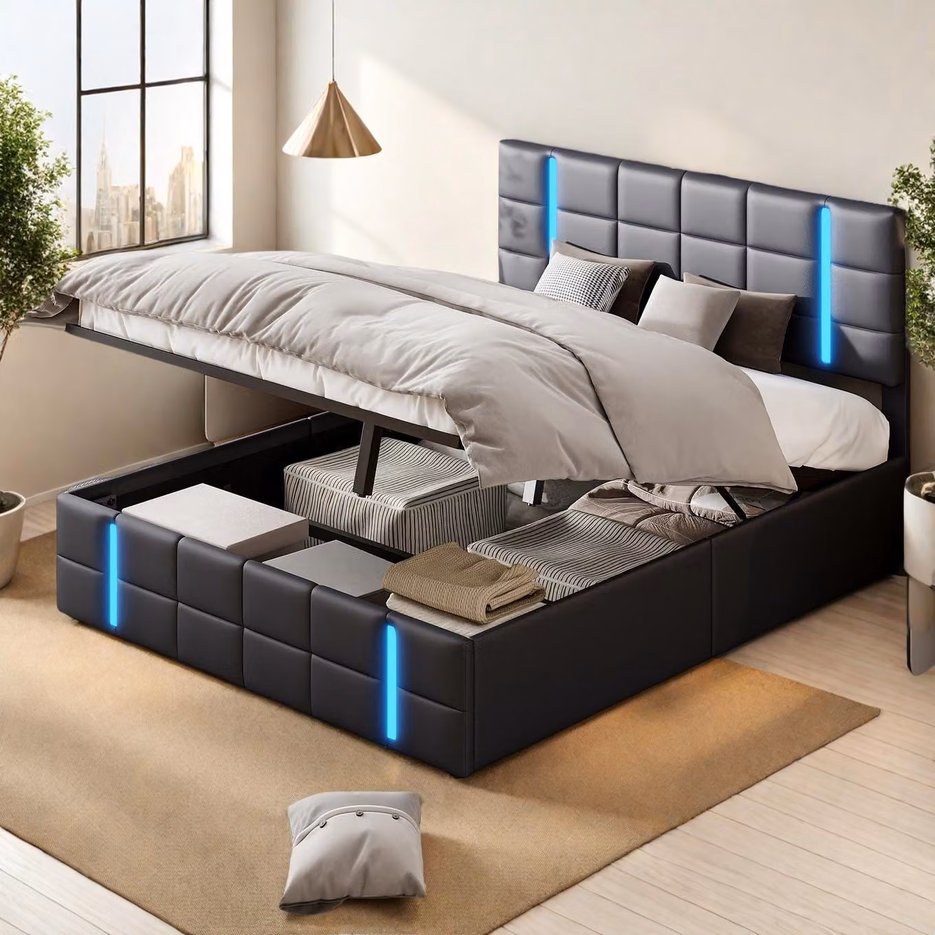 Letto imbottito Fortuna Lai 140x200 cm, LED, rete, idraulico, rete a doghe, ecopelle, nero