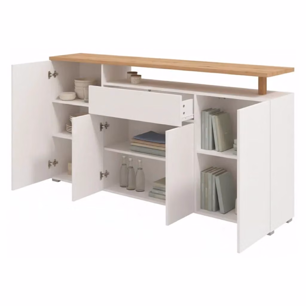 Madia Levate DMORA con un cassetto, design moderno, colore bianco e rovere, L: 179.5 cm, P: 40 cm, H: 94 cm – 2