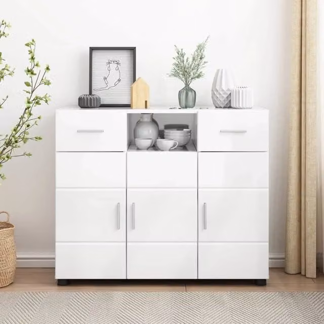 Armadio moderno vidaXL in legno MDF bianco lucido con ante a battente e ripiani interni