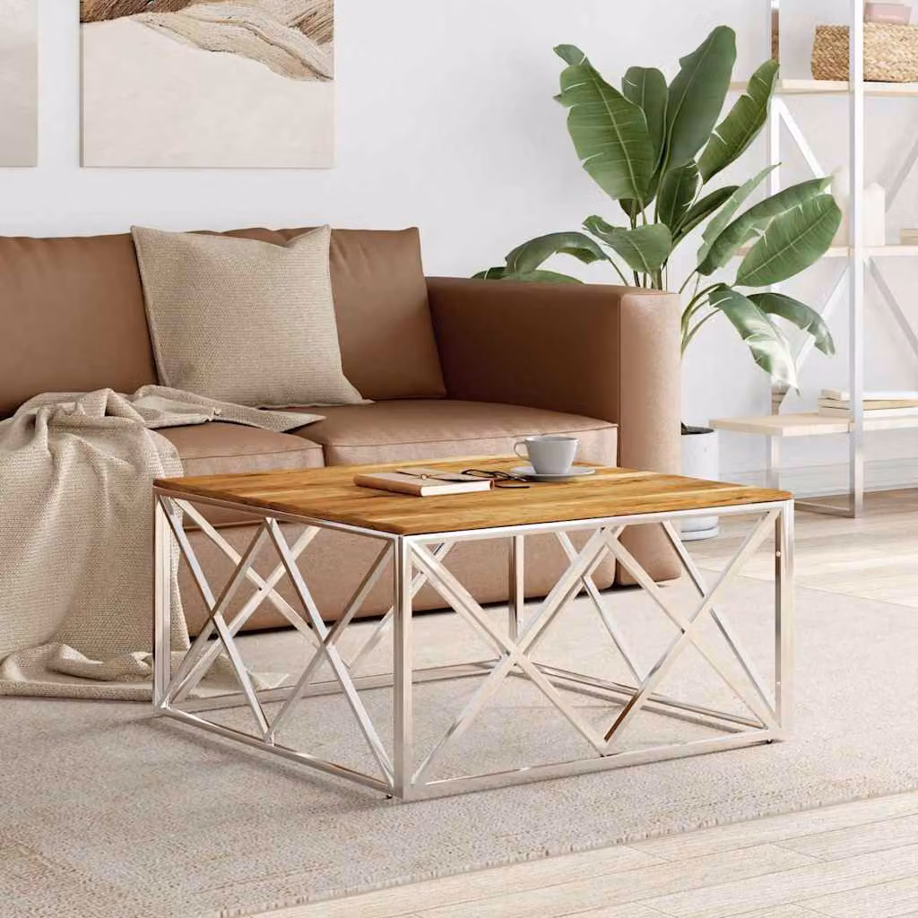 vidaXL Tavolino da Salotto Moderno in Acciaio Inox Argento e Legno di Acacia Marrone L: 80 cm, P: 40 cm, H: 40 cm