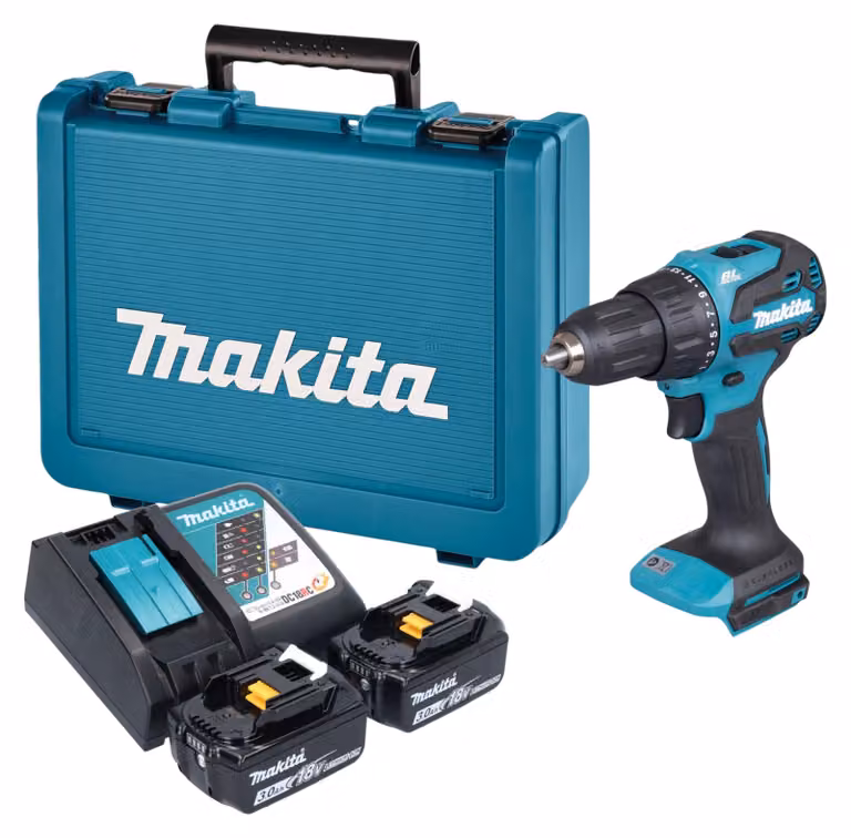 Avvitatore a percussione a batteria Makita DHP 490 RFE 18 V 65 Nm brushless + 2 batterie da 3,0 Ah + caricabatterie + valigetta