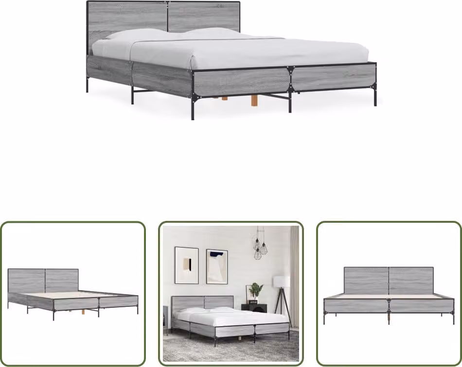 The Living Store Struttura letto Grey Sonoma 140x190 cm Materiale a base di legno e metallo