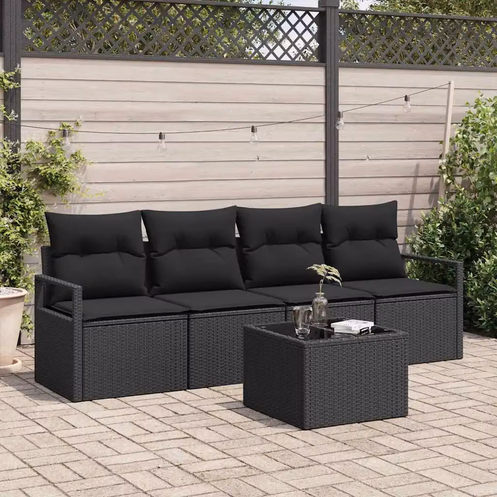 Set di divani da giardino vidaXL 5 pezzi con tavolino e cuscini, colore nero, struttura in metallo e rattan con coperture rimovibili – 1