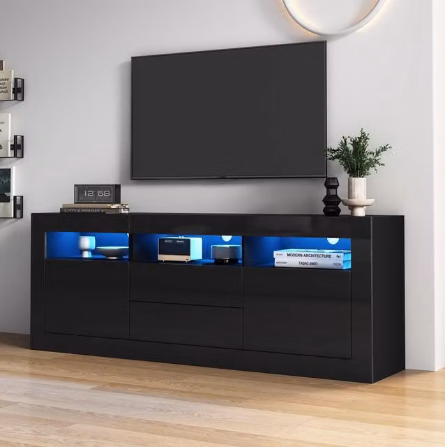 Mobile TV moderno MODFU con illuminazione LED integrata, finitura lucida nera, L: 160 cm, P: 35 cm, H: 60 cm