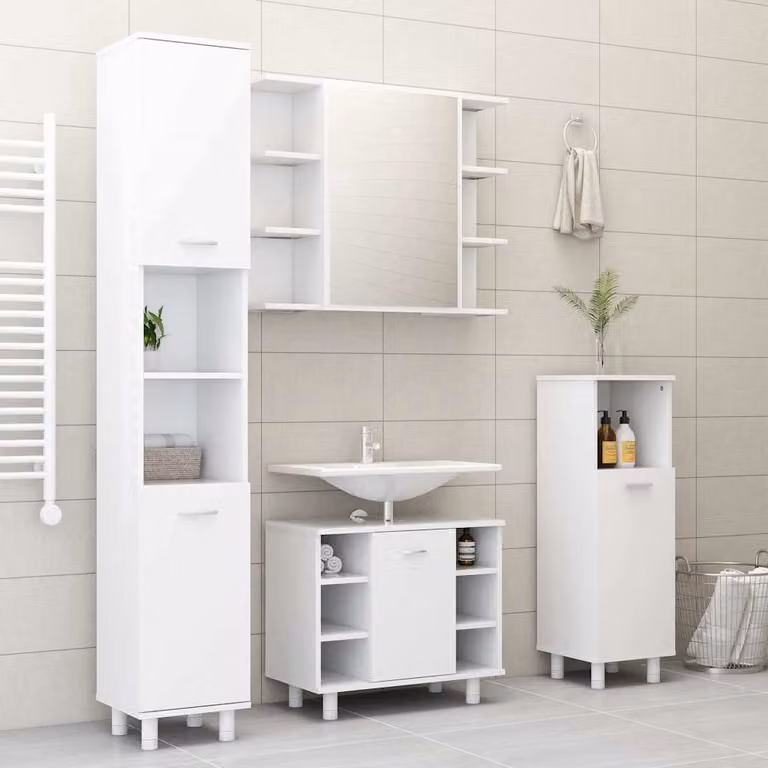 Set di mobili da bagno moderno vidaXL composto da 4 pezzi in MDF bianco con armadietto alto, armadietto laterale, mobile lavabo e armadietto con specchio