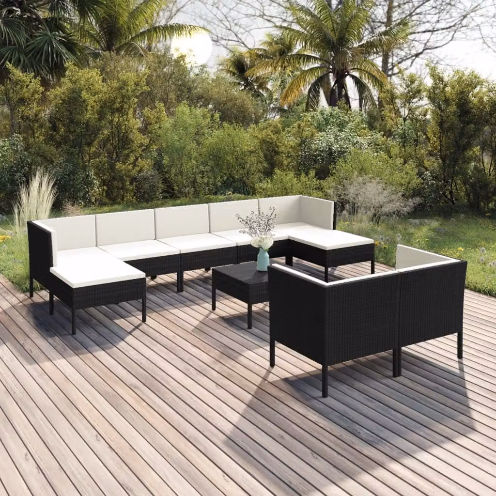 The Living Store Set da giardino da 10 pezzi con cuscini in poly rattan nero